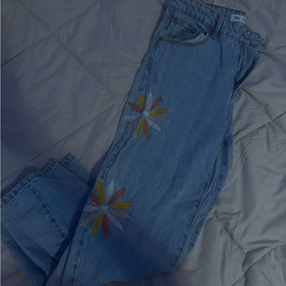 Zara Light Blue Jeans with Floral Embroidery